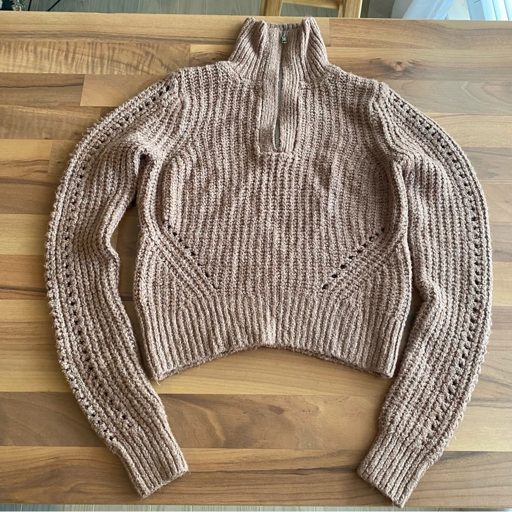 Abercrombie & Fitch Pointelle Knitted Chunky Knit Quarter Zip Sweater Top